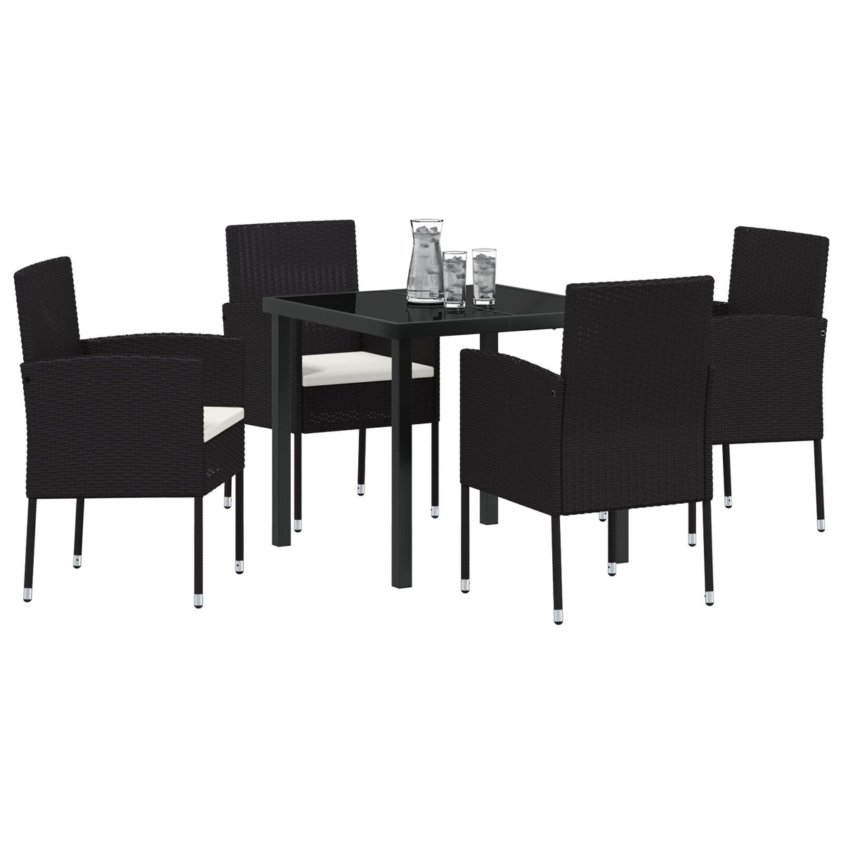 5-teiliges Garten Essgruppen Set mit Kissen schwarzes Poly-Rattan