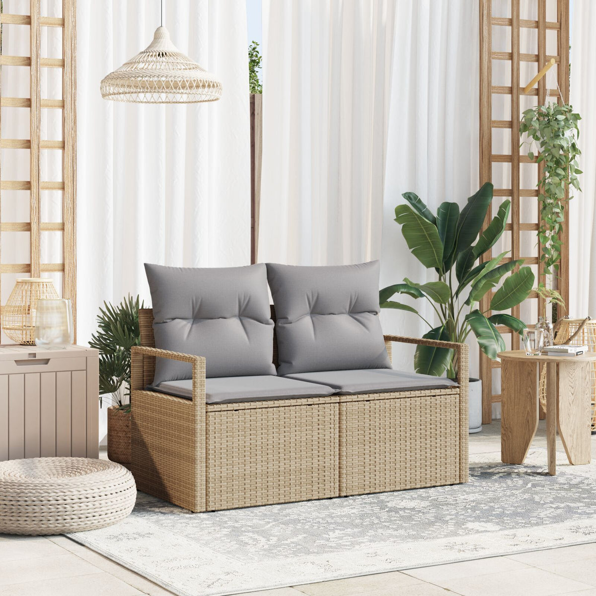 2-Sitzer Gartensofa mit Kissen Beige Poly Rattan