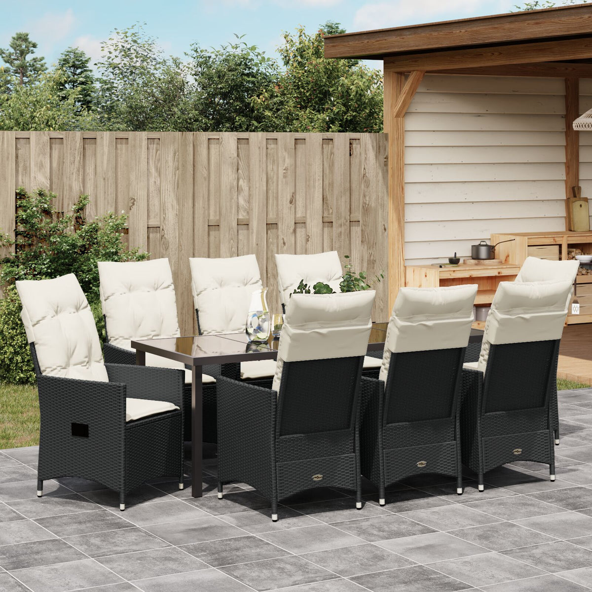 9-teiliges Garten-Essgruppe mit Kissen, schwarzes Poly-Rattan