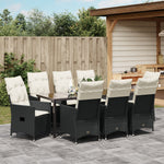 9-teiliges Garten-Essgruppe mit Kissen, schwarzes Poly-Rattan