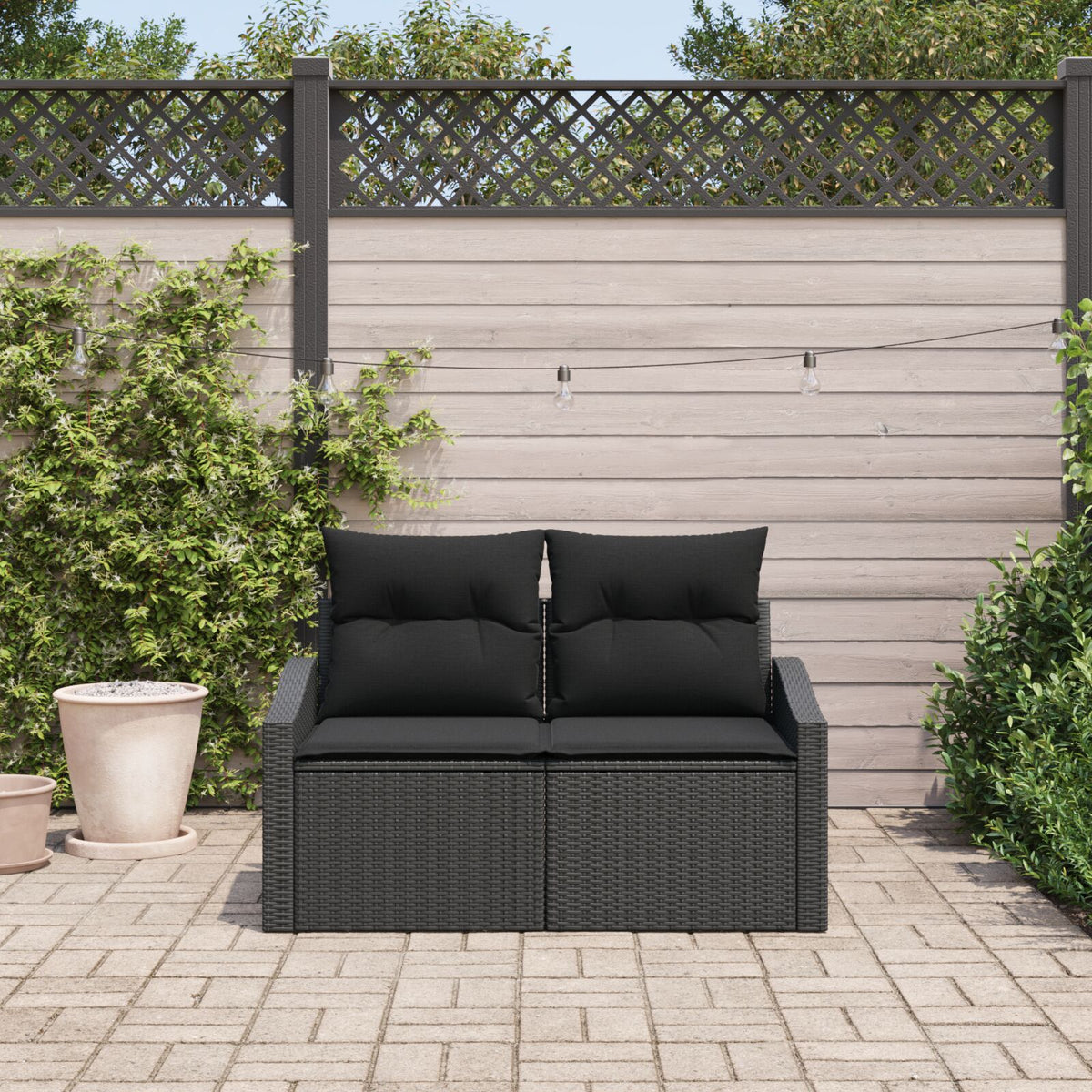 2-Sitzer Gartensofa mit Stauraum & Kissen Schwarz Poly Rattan