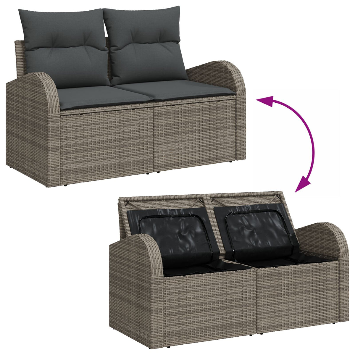 2-Sitzer Garten Sofa mit Stauraum & Kissen Grau Poly Rattan