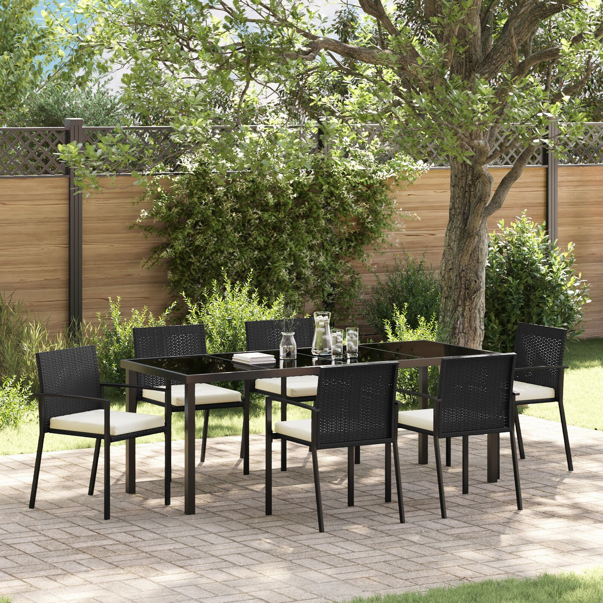 7-teilige Garten-Essgruppe aus schwarzem Poly-Rattan