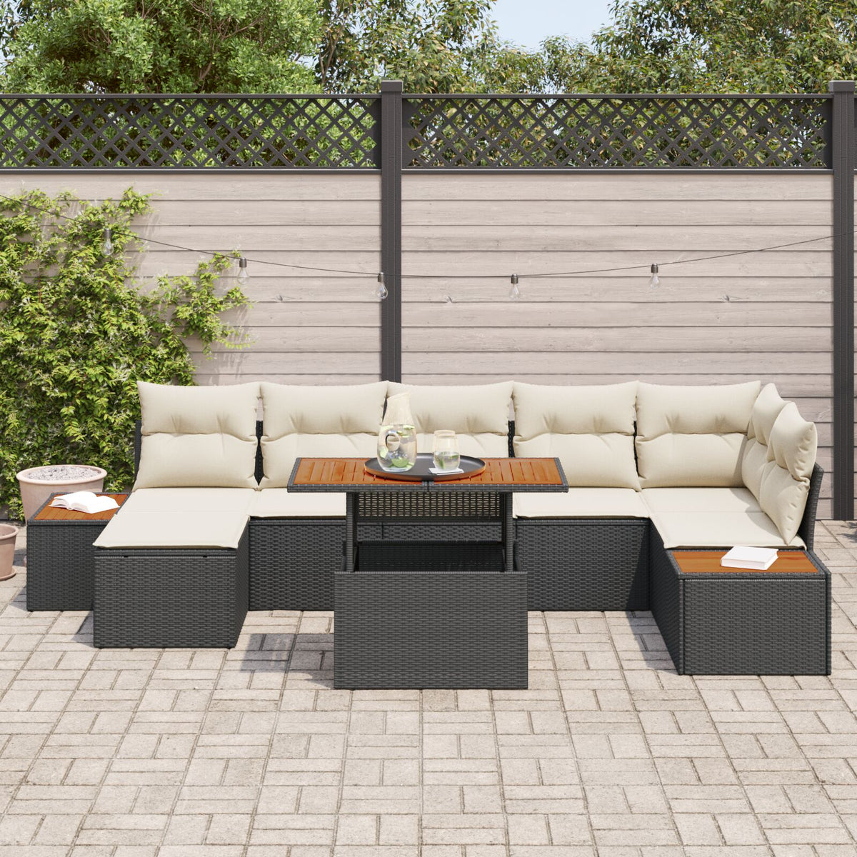 8-teilige Garten Essgruppe mit Kissen Schwarz Poly Rattan Akazie