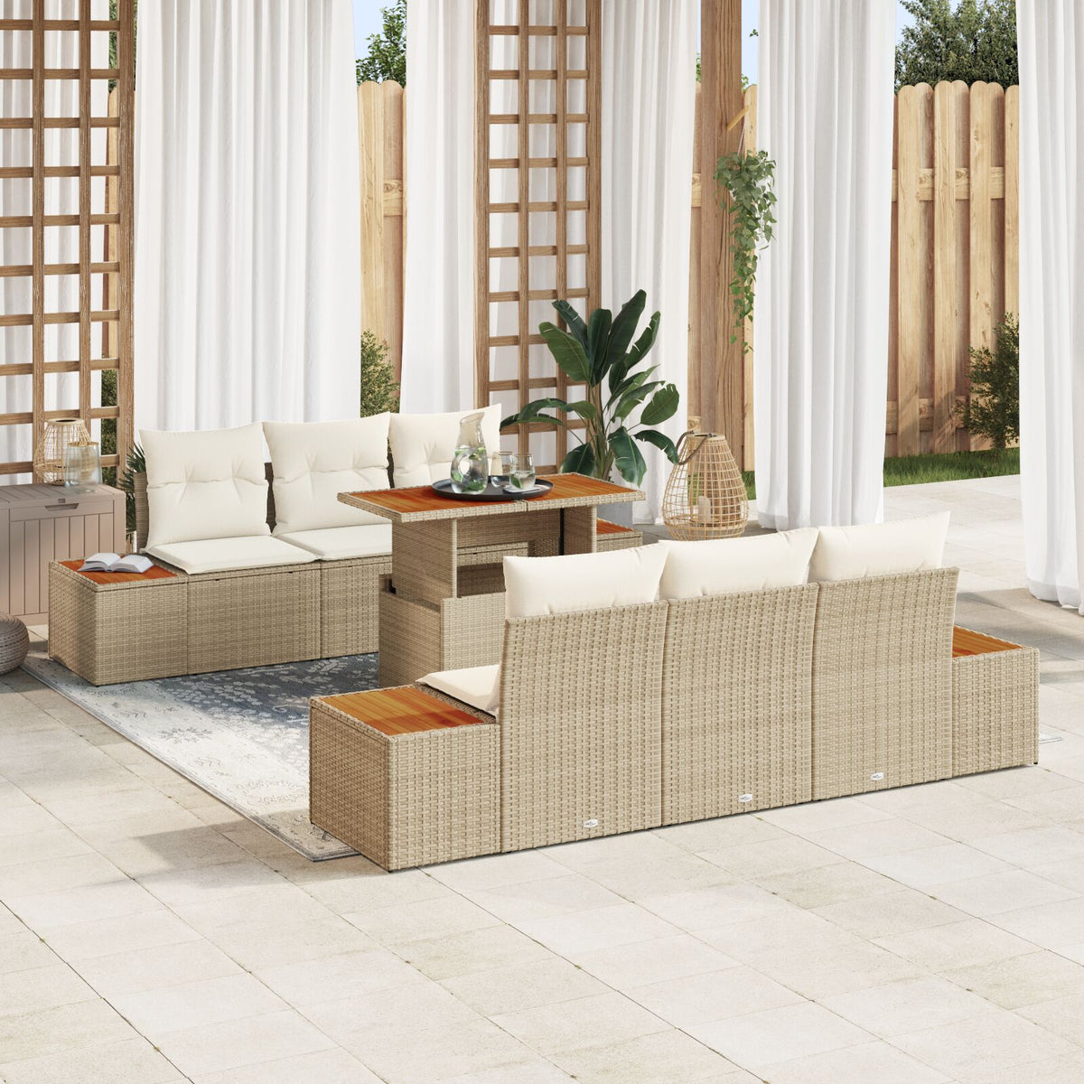 Garten Sofa Set 7-teilig Beige Rattan Garten Essgruppe