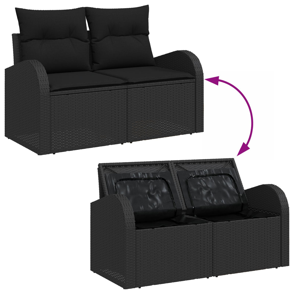 2-Sitzer Garten Sofa mit Stauraum & Kissen Schwarz Poly Rattan