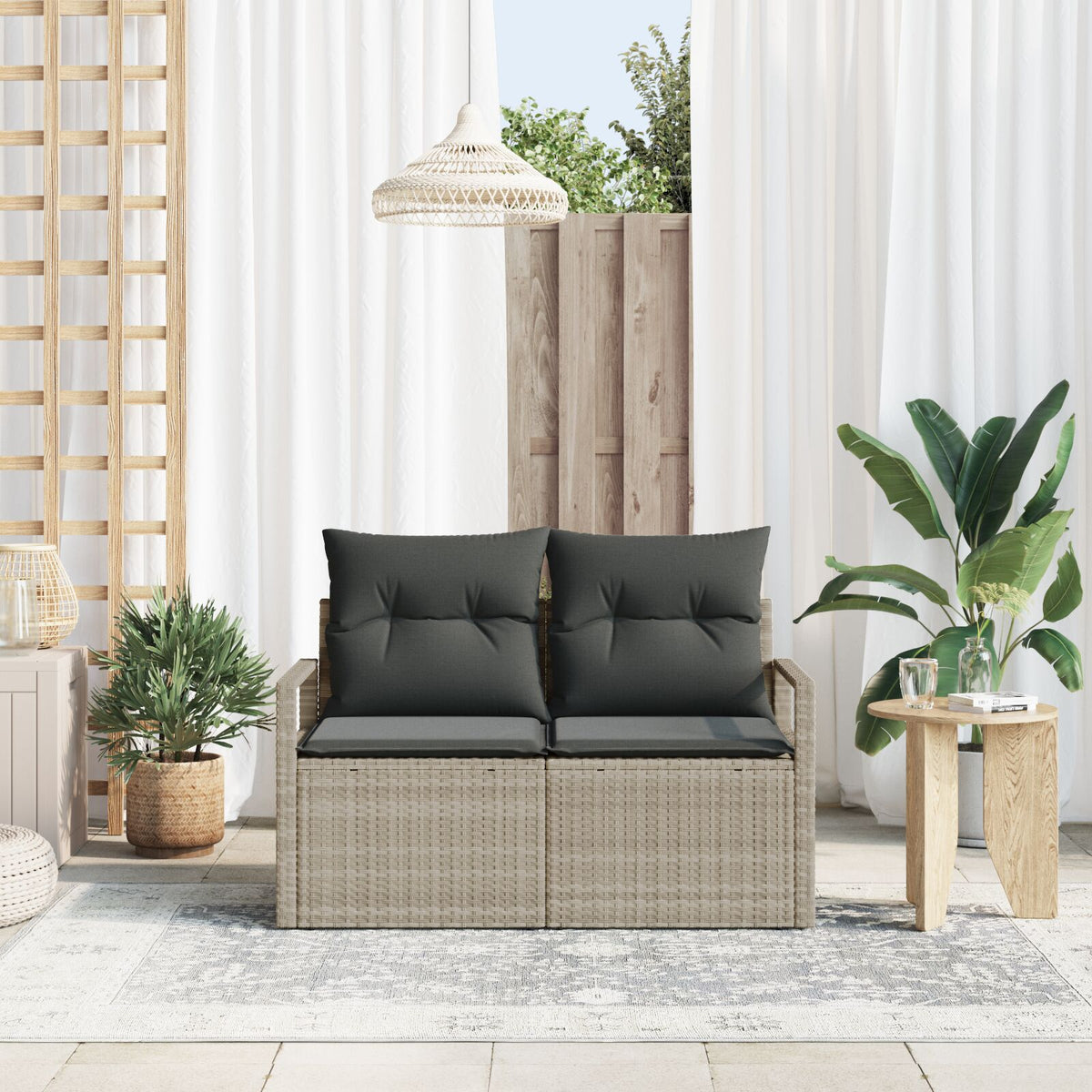 2-Sitzer Garten Sofa mit Stauraum und Kissen Grau Poly Rattan