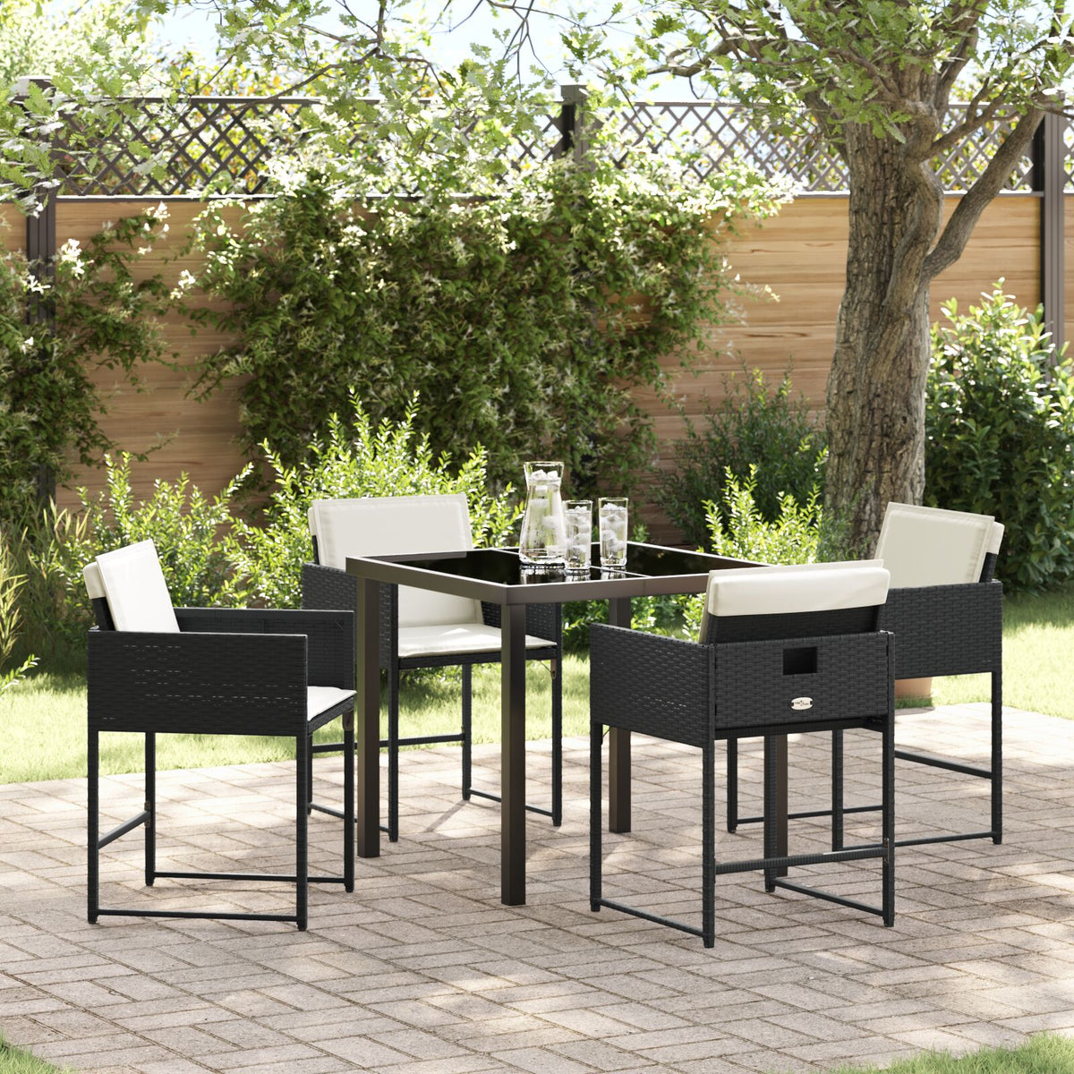 5-teilige Garten-Essgruppe mit Kissen aus schwarzem Poly-Rattan