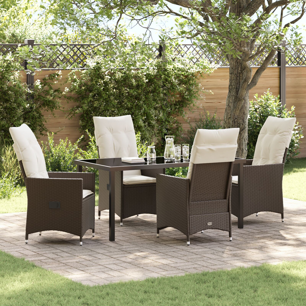 5-teilige Garten-Essgruppe mit Kissen, Braun Poly Rattan