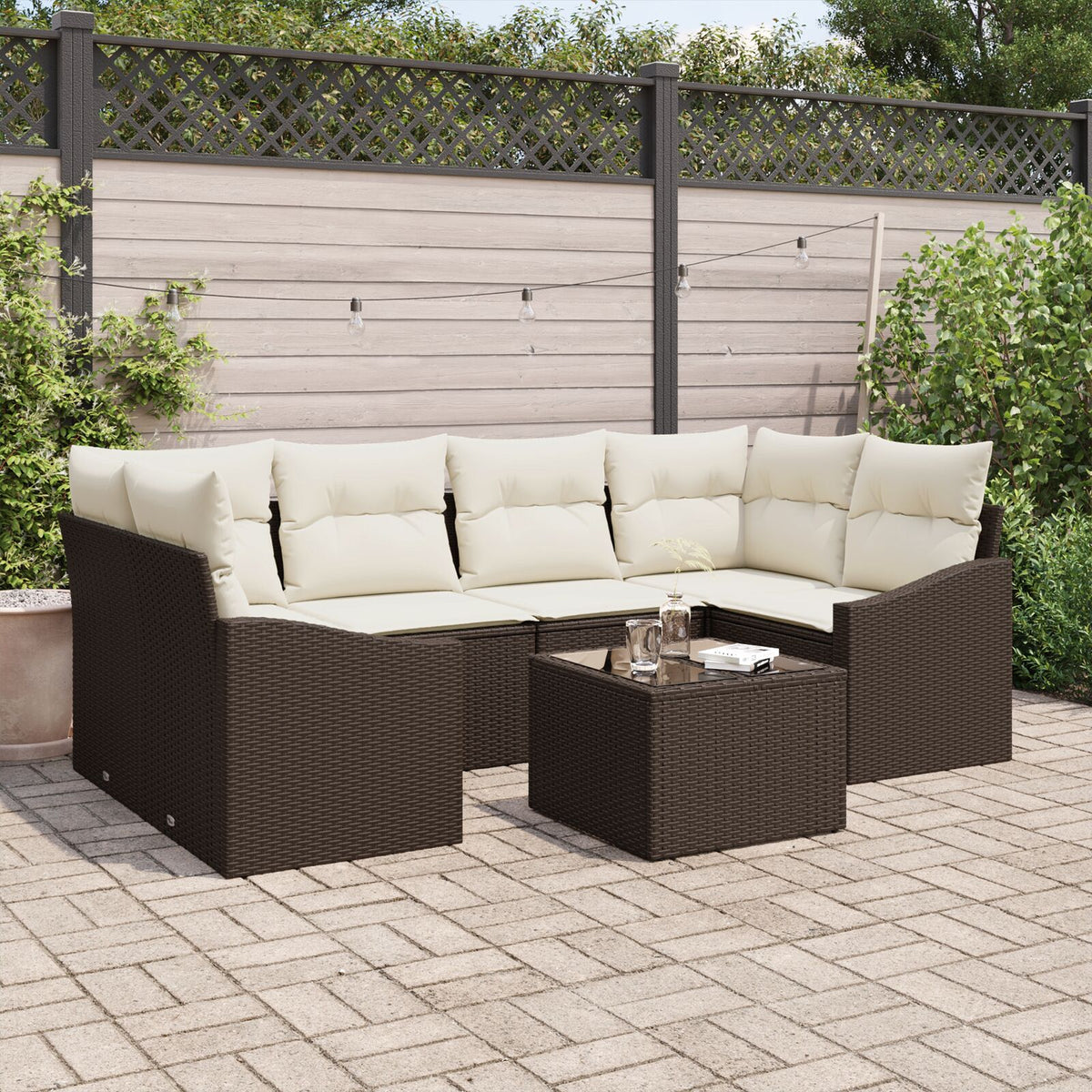 7-teiliges Garten-Essgruppen-Set mit Kissen Braun Poly-Rattan