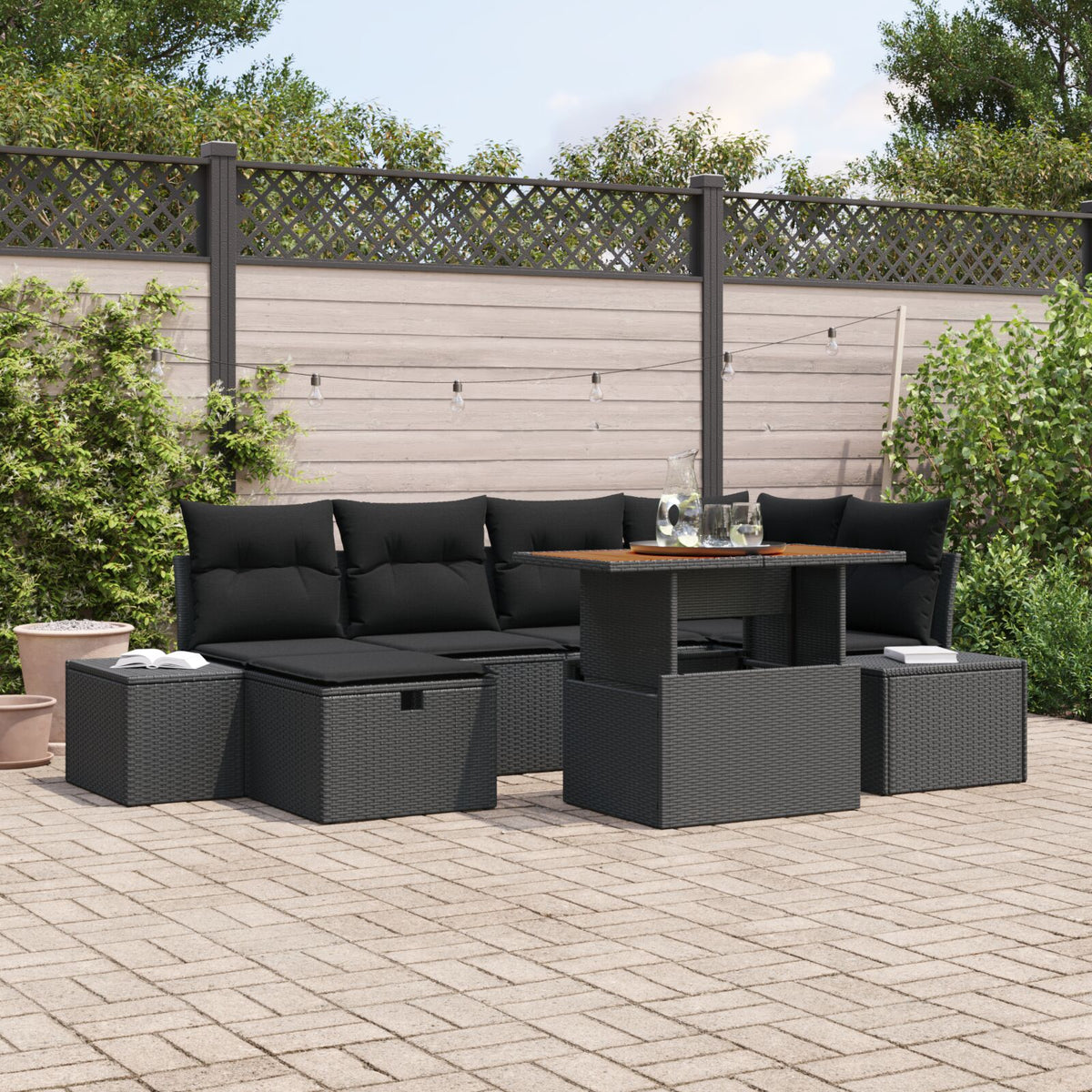 7-teiliges Garten Essgruppe mit Kissen Schwarz Poly Rattan Akazie