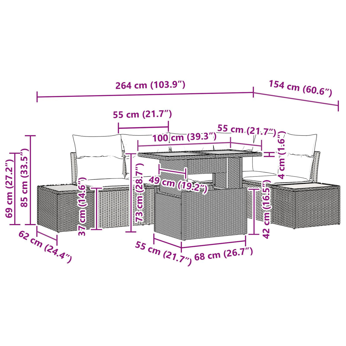 Garten Sofa Set Set von 6 Grau Poly-Rattan Garten Essgruppe