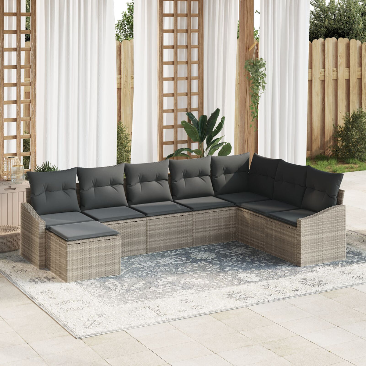 8-teiliges Garten Essaloha mit Kissen Lichtgrau Poly Rattan