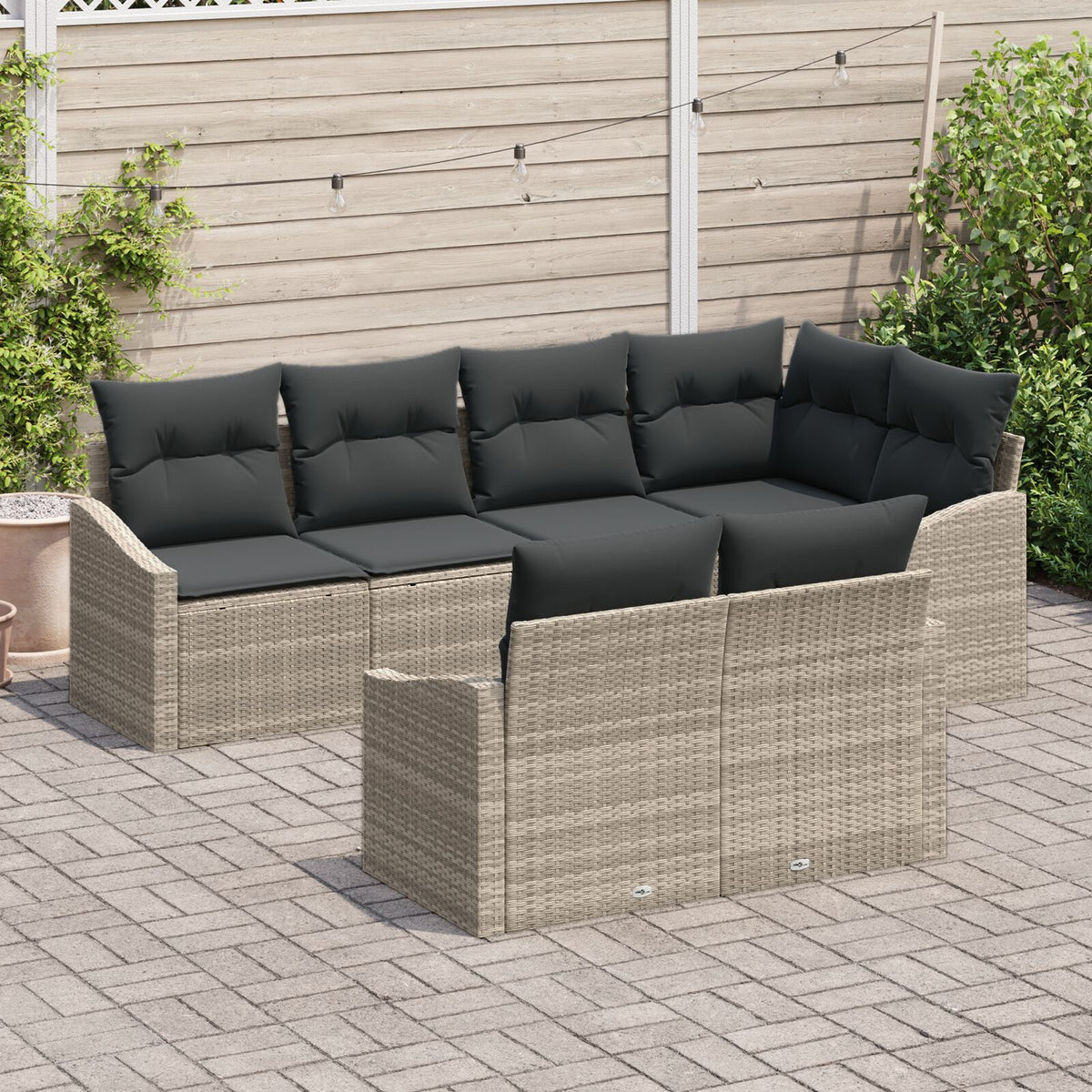 7-teiliges Garten Dining Set mit Kissen Hellgrau Poly-Rattan