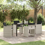 5-teiliges Garten-Essgruppen-Set mit Kissen, Hellgrau, Poly-Rattan