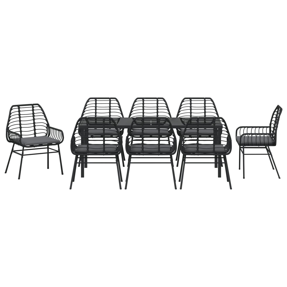 9-teiliges Garten-Essgruppen-Set mit Kissen Schwarz Poly Rattan