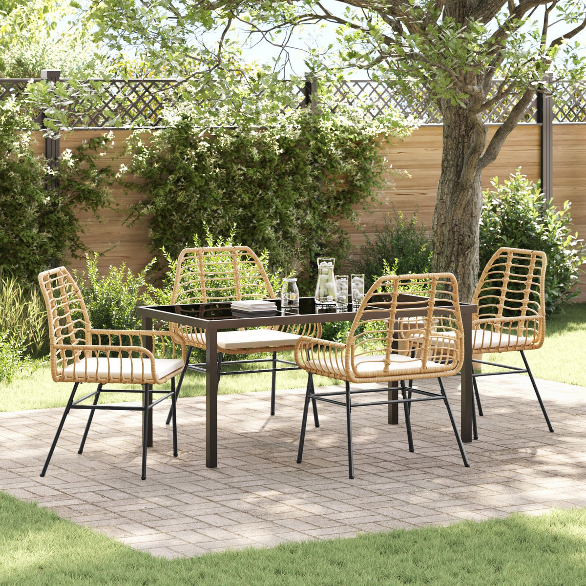 5-teiliges Garten-Essgruppe mit Kissen Braun Poly-Rattan