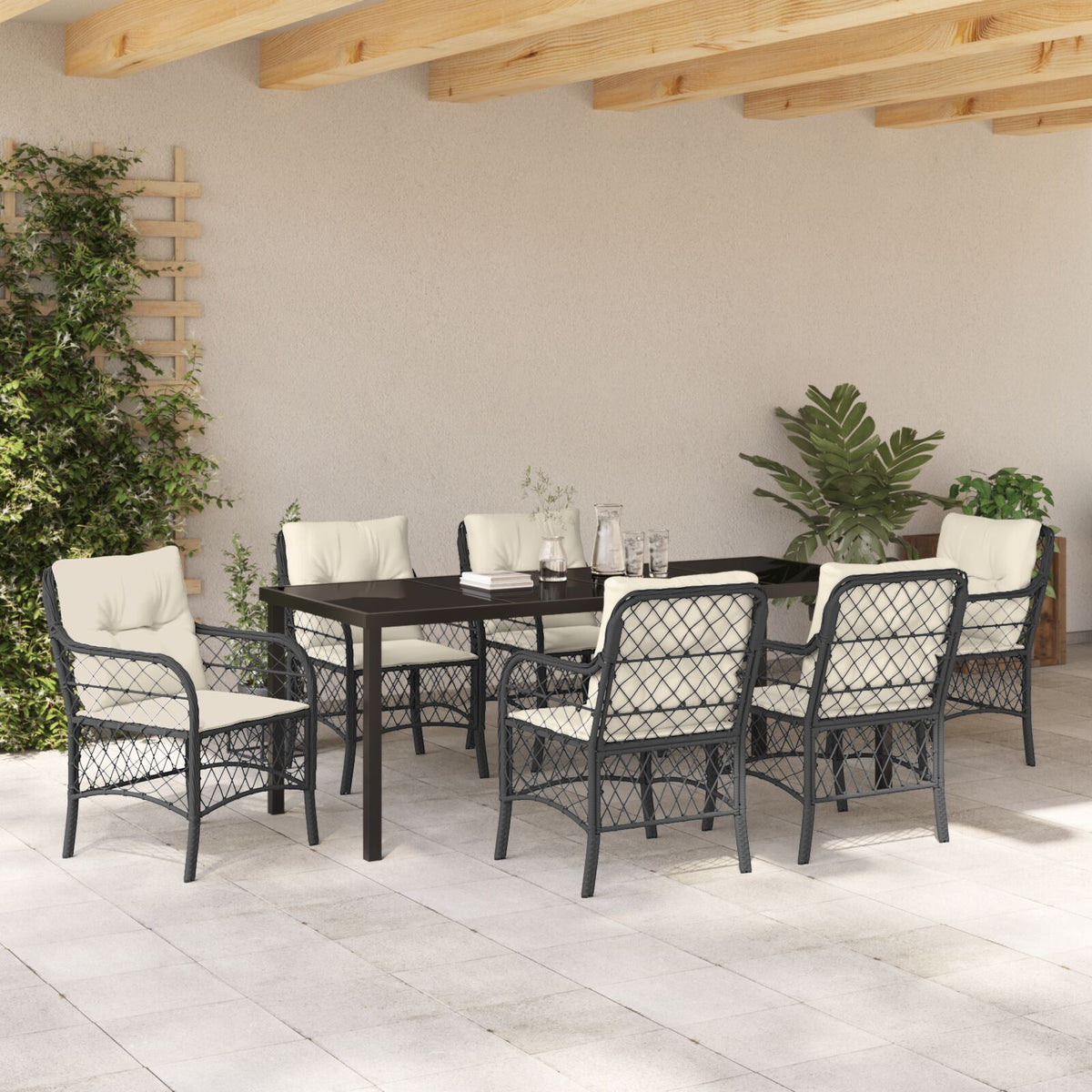 7-teilige Garten-Essgruppe mit Kissen Schwarzes Poly-Rattan