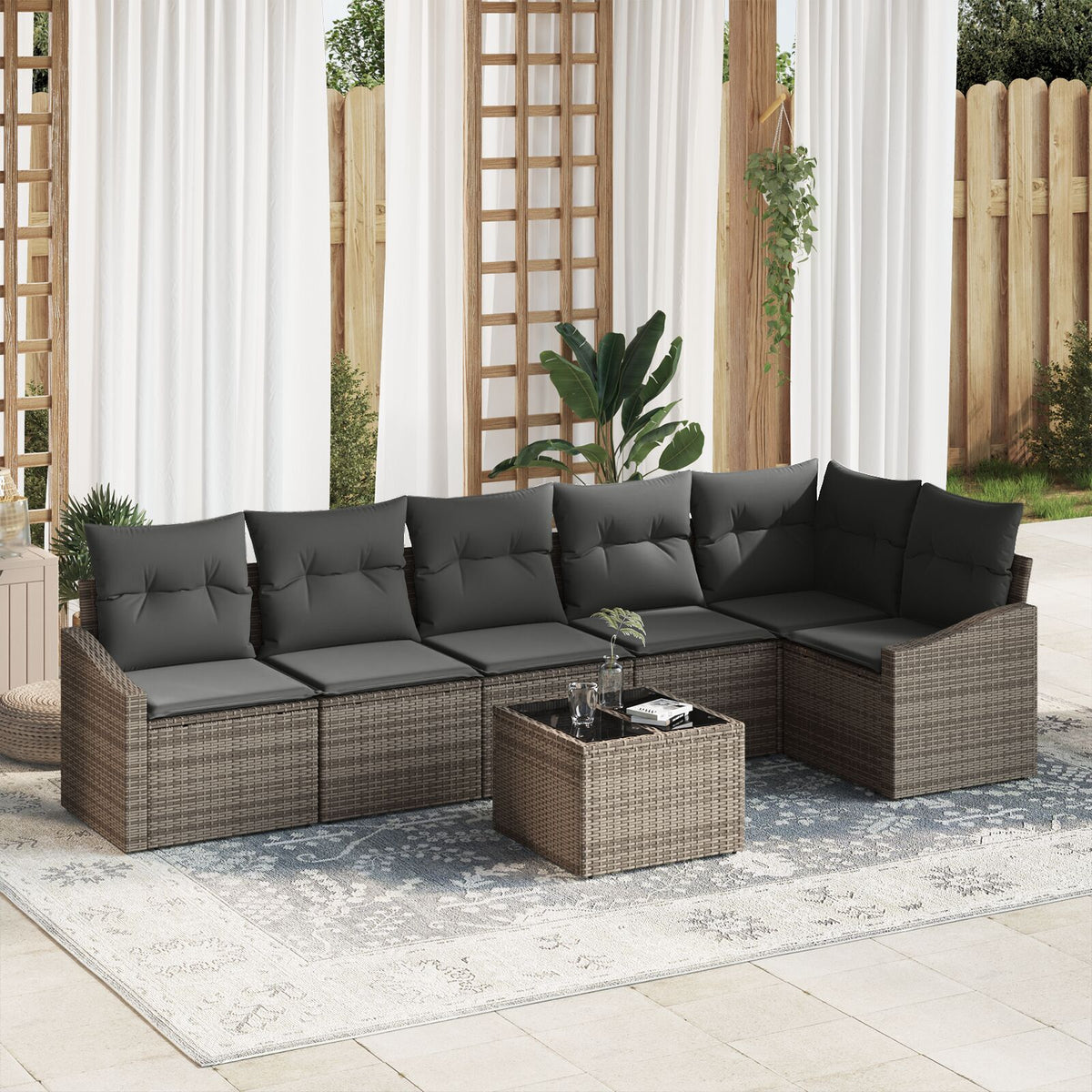 6-teilige Garten-Essgruppe mit Kissen Schwarz Poly Rattan