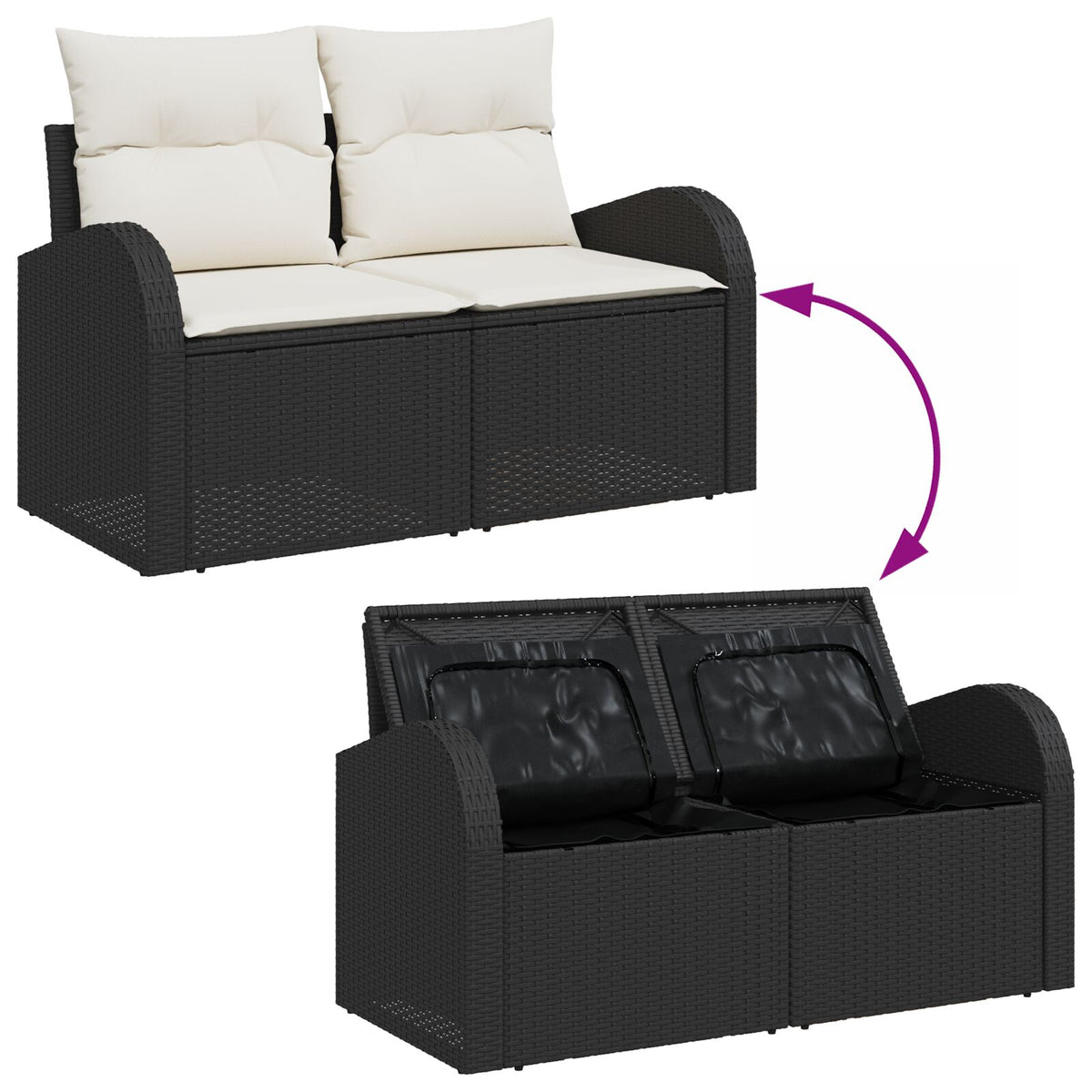 2-Sitzer Garten-Sofa mit Stauraum & Kissen Schwarz Poly-Rattan