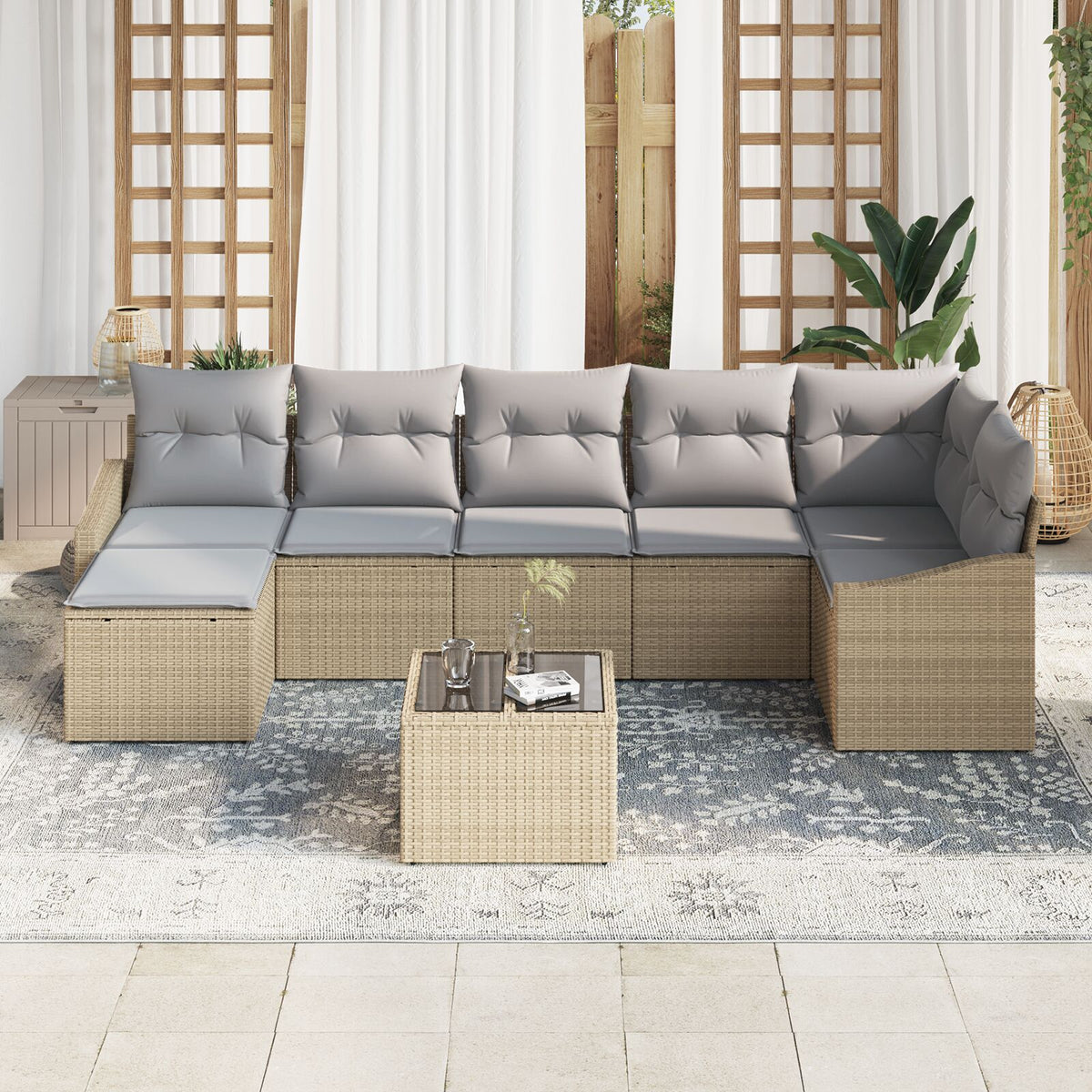 8-teiliges Garten-Essgruppe Set mit Kissen aus schwarzem Poly-Rattan