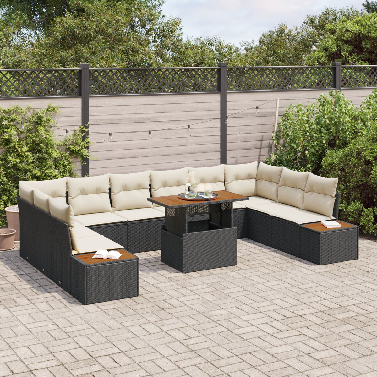 11-teiliges Garten-Essgruppen-Set mit Kissen Schwarz Poly-Rattan Akazie