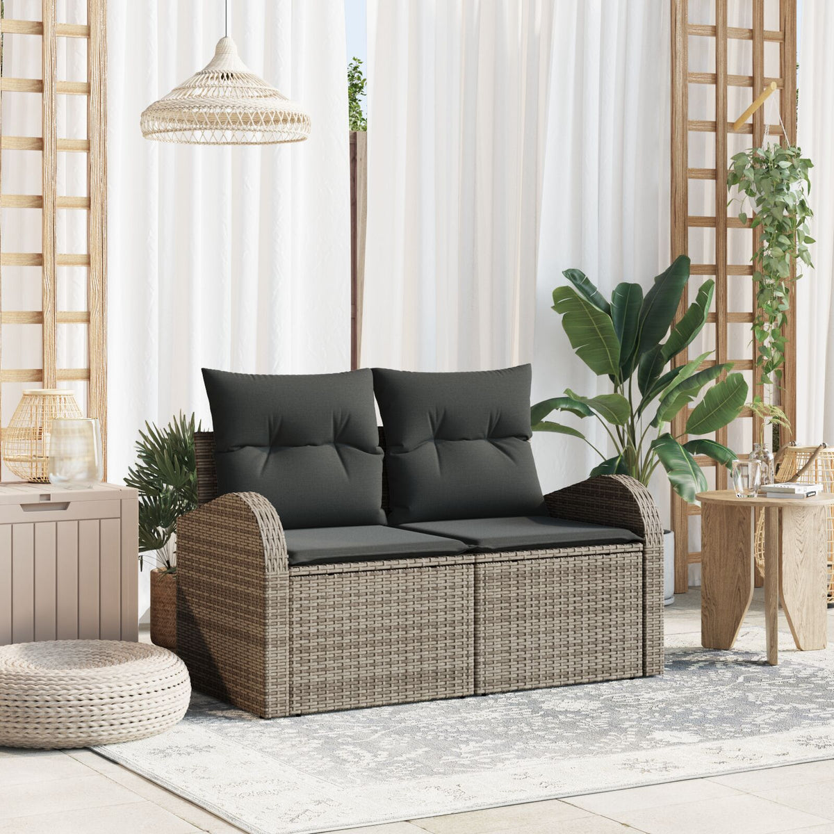 Zweisitzer Garten Sofa mit Kissen Grau Poly-Rattan