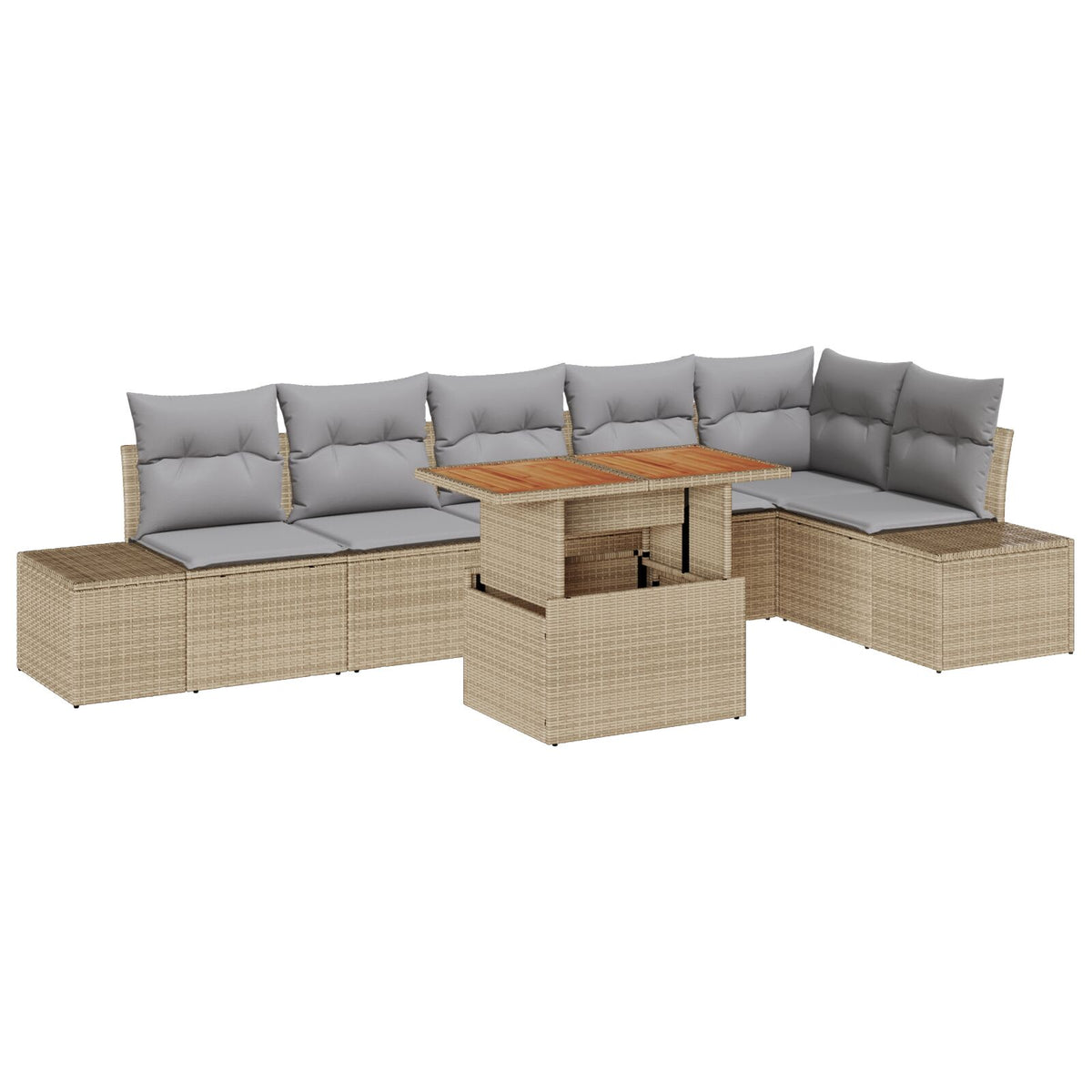 7 Teile Garten-Essgruppe mit Kissen Beige Poly-Rattan Akazie