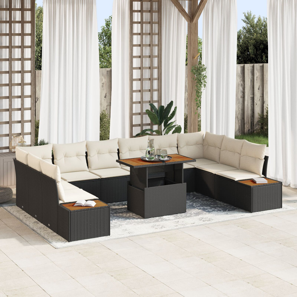 11-teiliges Garten-Essgruppen-Set mit Kissen Schwarz Poly-Rattan Akazie