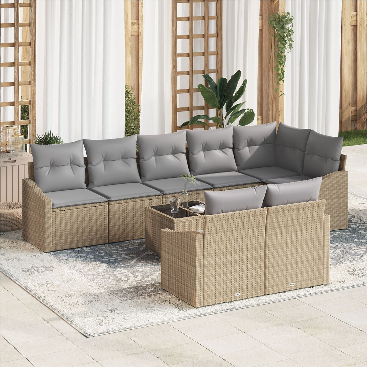 9-teilige Garten Essgruppe mit Kissen schwarz Poly Rattan