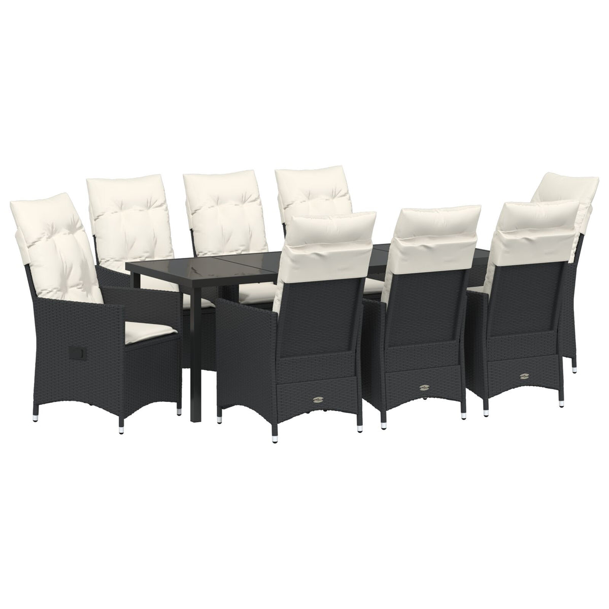 9-teiliges Garten-Essgruppe mit Kissen, schwarzes Poly-Rattan