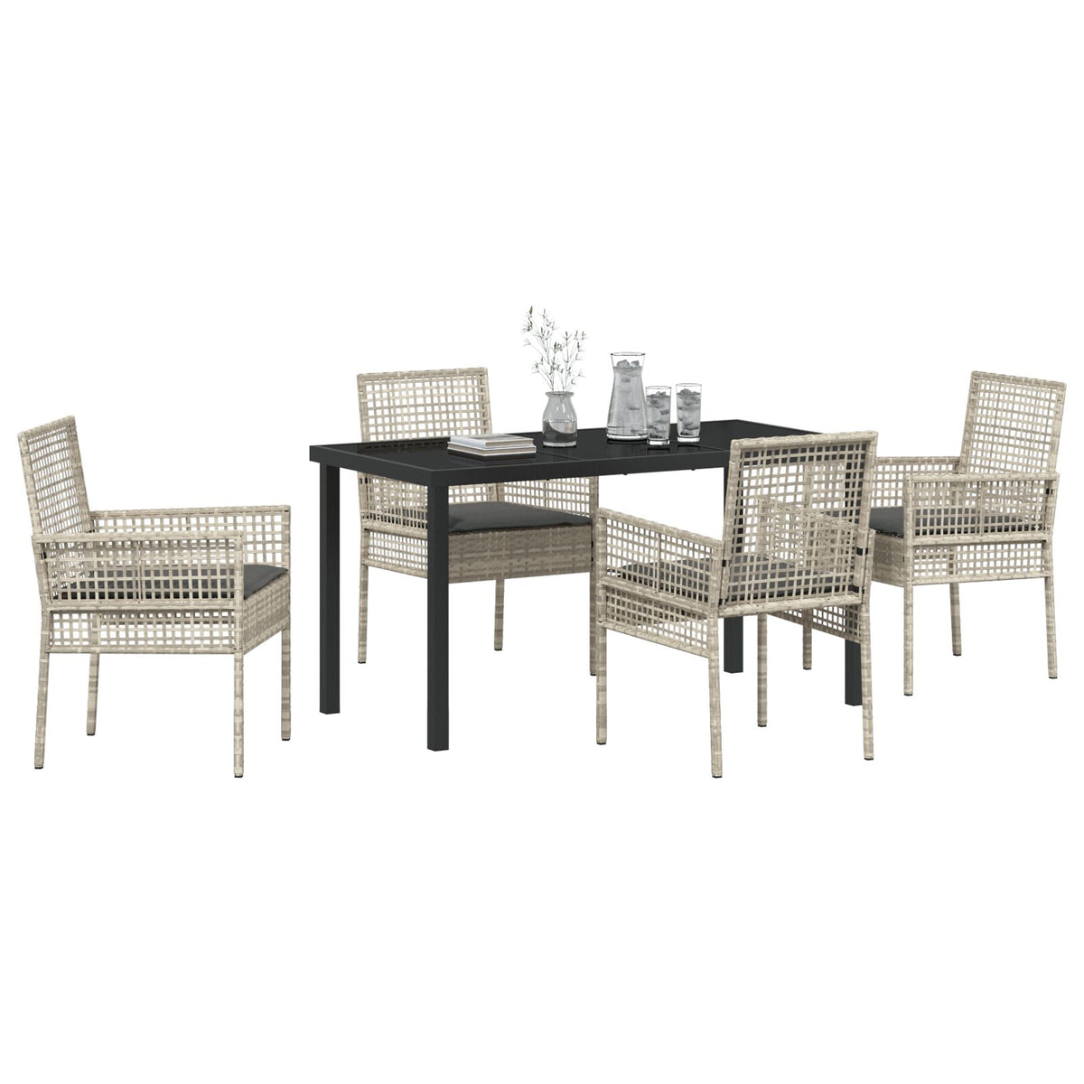 5-teiliges Garten-Essgruppen-Set mit Kissen Hellgrau Poly Rattan