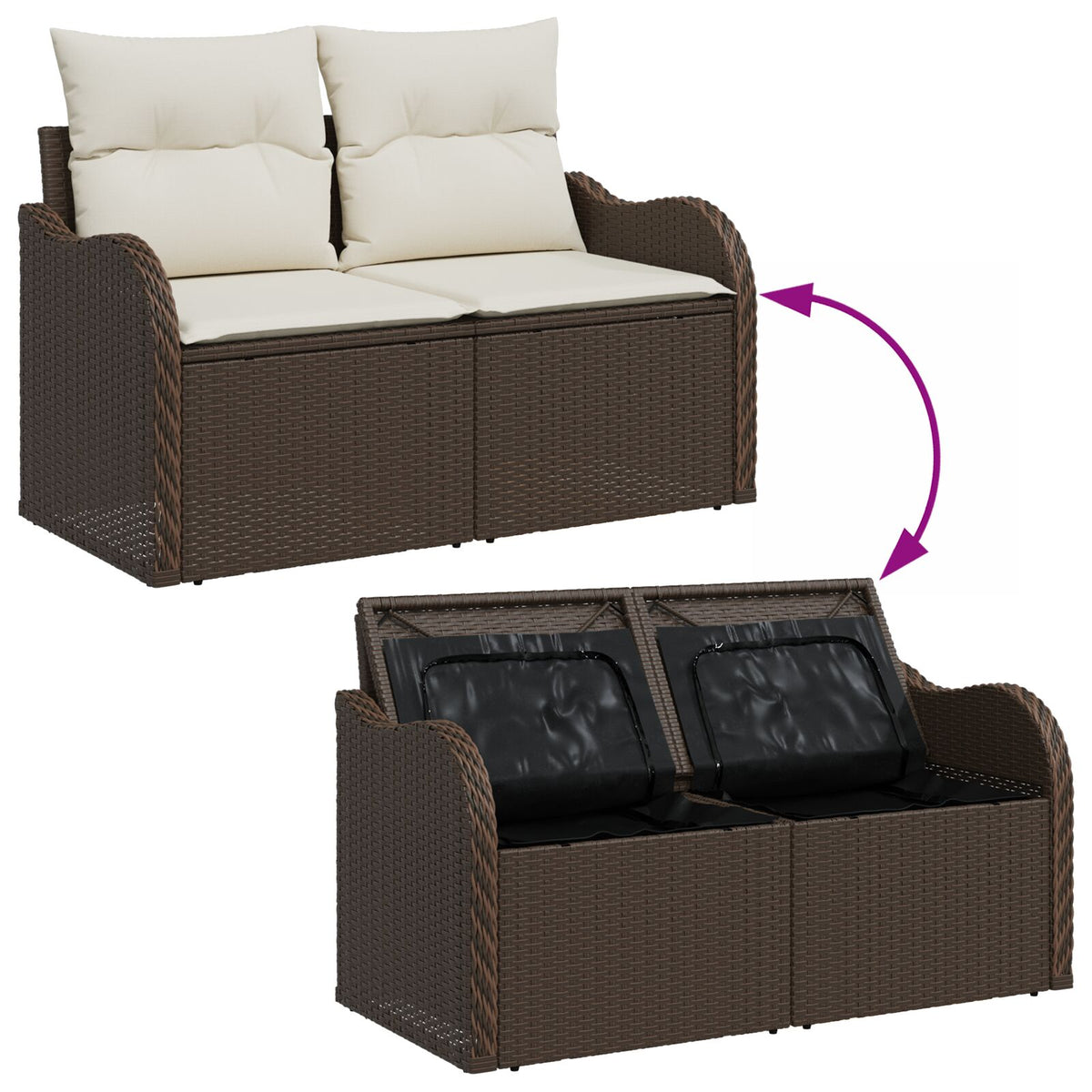 2-Sitzer Garten-Sofa mit Stauraum & Kissen Braun Poly-Rattan