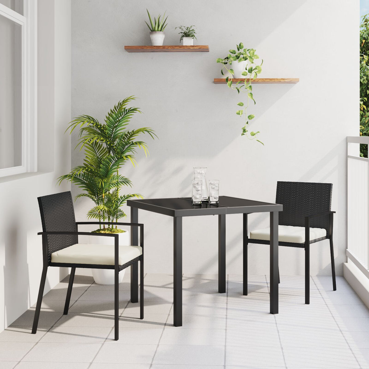 3-teiliges Garten-Essgruppe Schwarz Poly Rattan