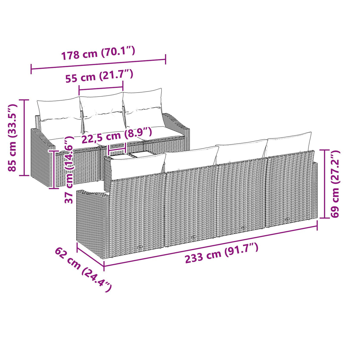 8-teiliges Garten-Essgruppe mit Kissen Grau Poly Rattan