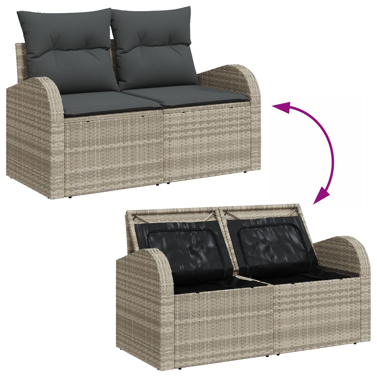 2-Sitzer Garten Sofa mit Stauraum & Kissen Hellgrau Poly-Rattan