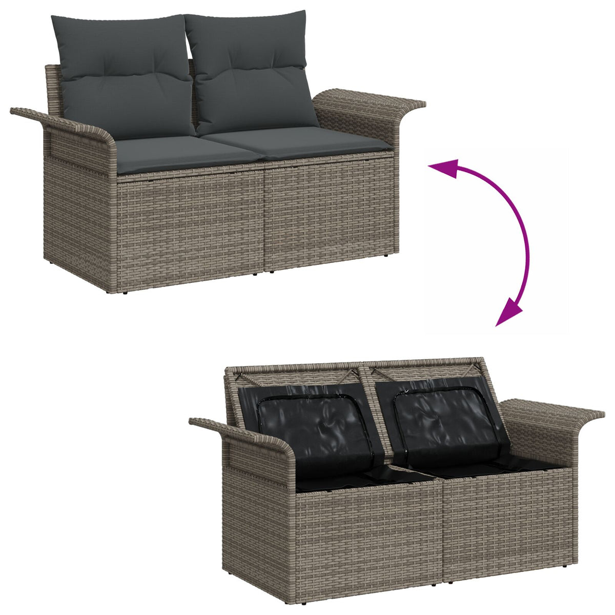 2-Sitzer Gartensofa mit Stauraum und Kissen Grau Poly Rattan