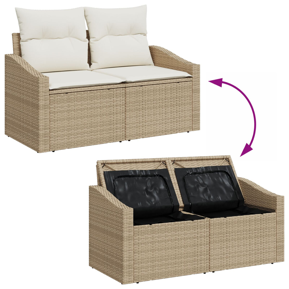 2-Sitzer Garten-Sofa mit Stauraum & Kissen Beige Poly Rattan