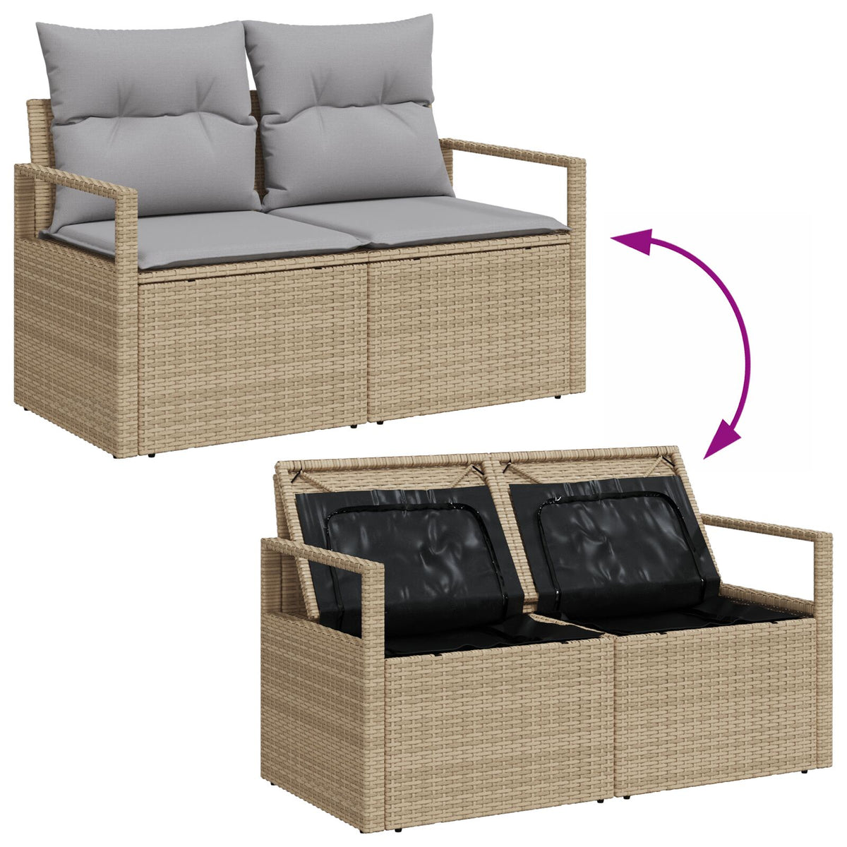 2-Sitzer Garten Sofa mit Stauraum & Kissen Beige Poly Rattan
