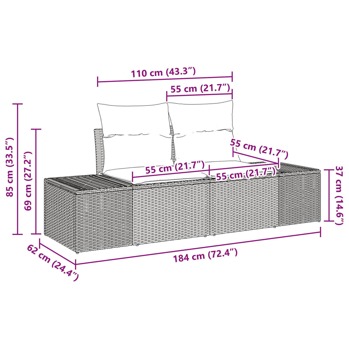 2-Sitzer Garten Sofa mit Stauraum & Kissen Graues Poly-Rattan