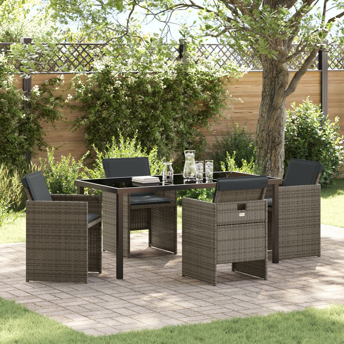 5-teiliges Garten-Essgruppen-Set mit Kissen Grau Poly-Rattan