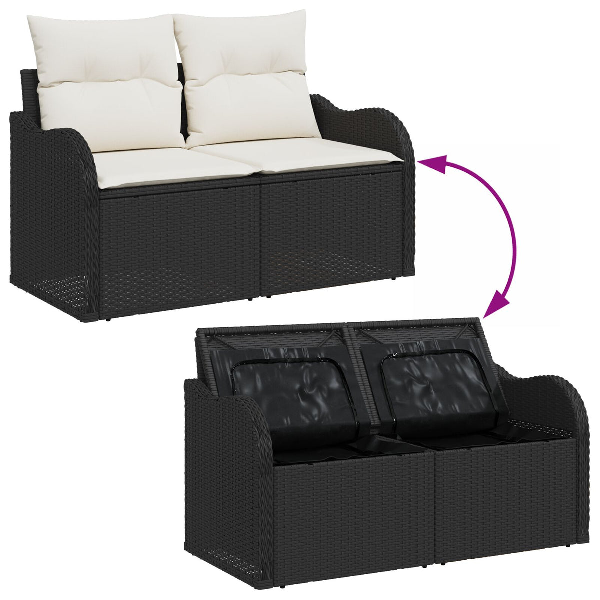 2-Sitzer Gartensofa mit Stauraum und Kissen Schwarz Poly Rattan
