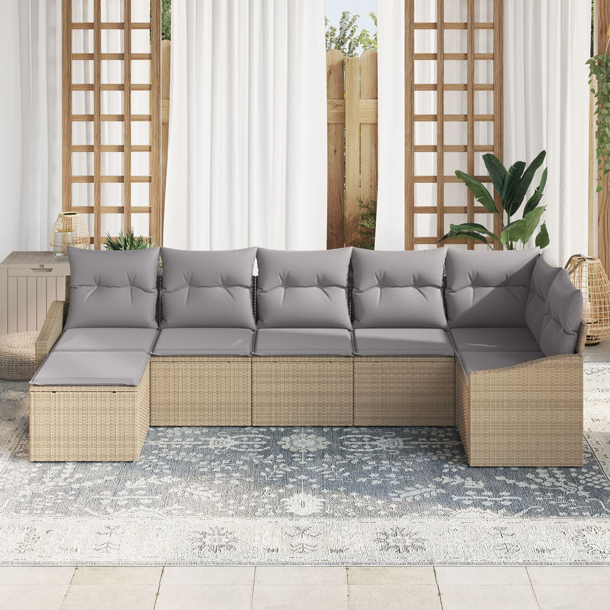 7-teiliges Garten Essgruppe mit Kissen Beige Poly Rattan