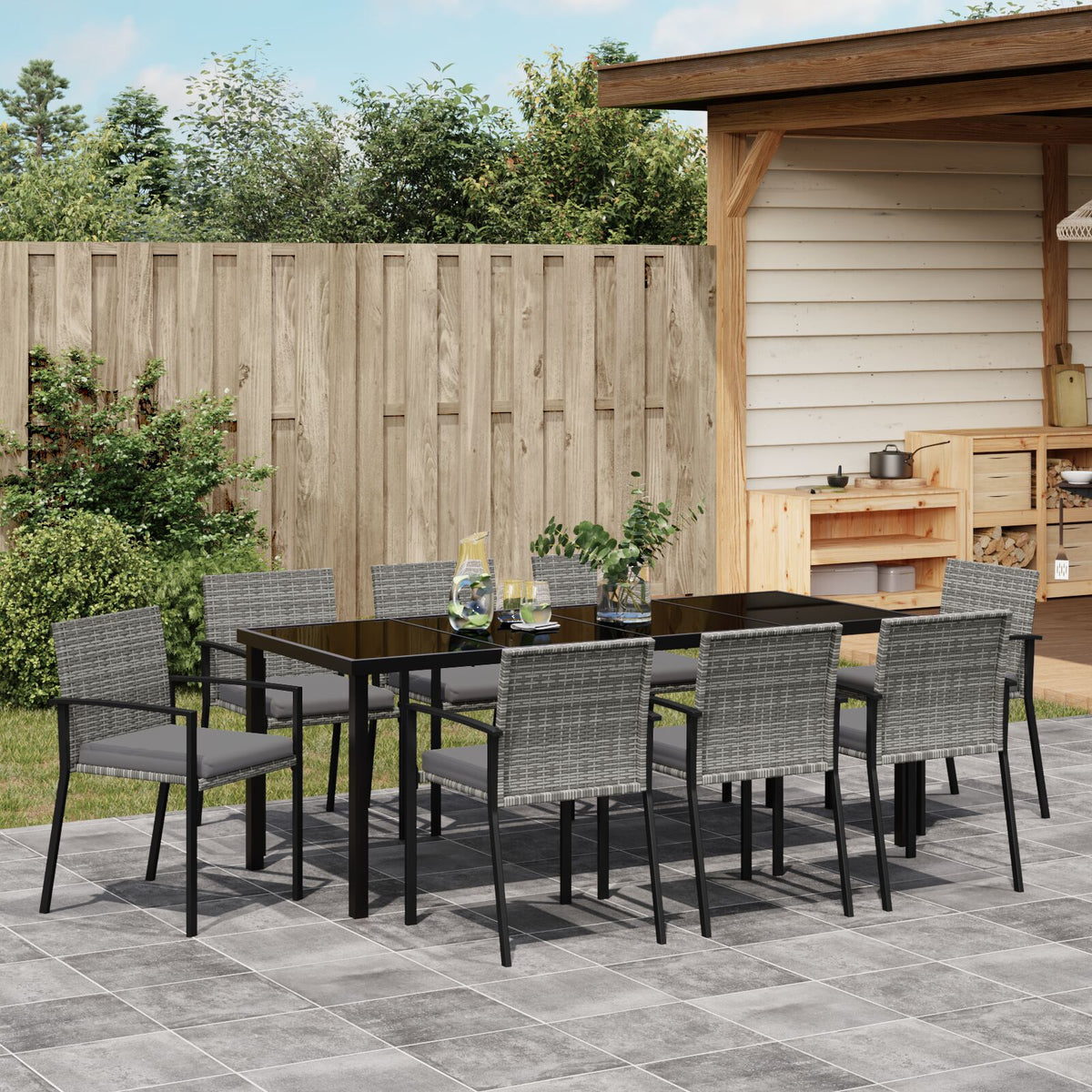9-teiliges Garten-Essgruppen-Set Grau Poly-Rattan