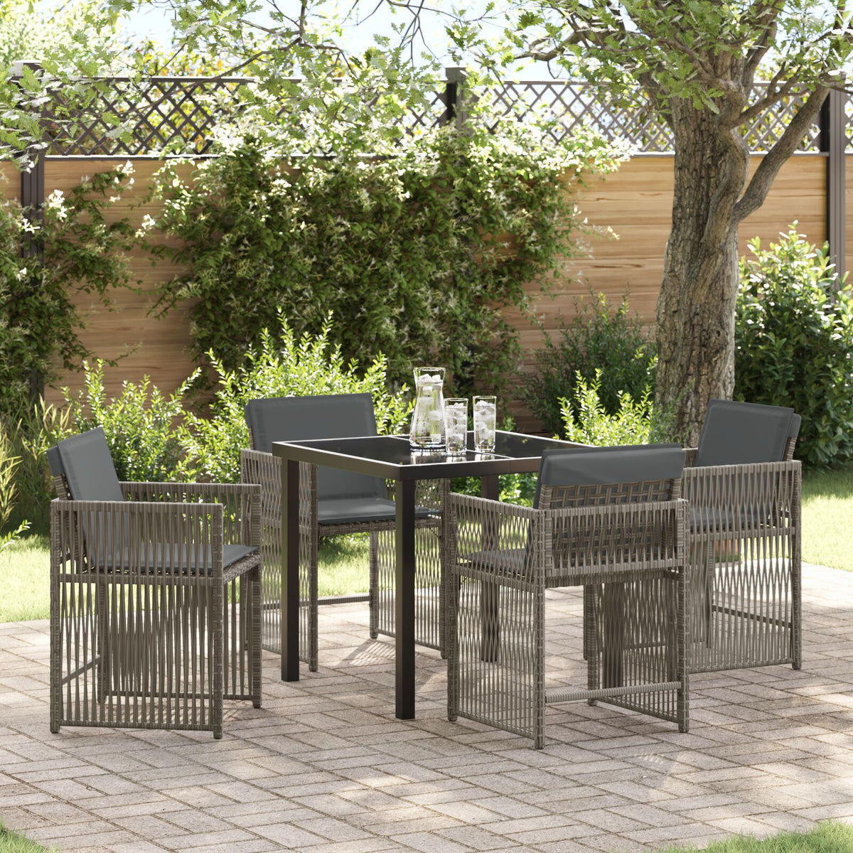 5-teiliges Garten Essgruppe mit Kissen Grau Poly Rattan