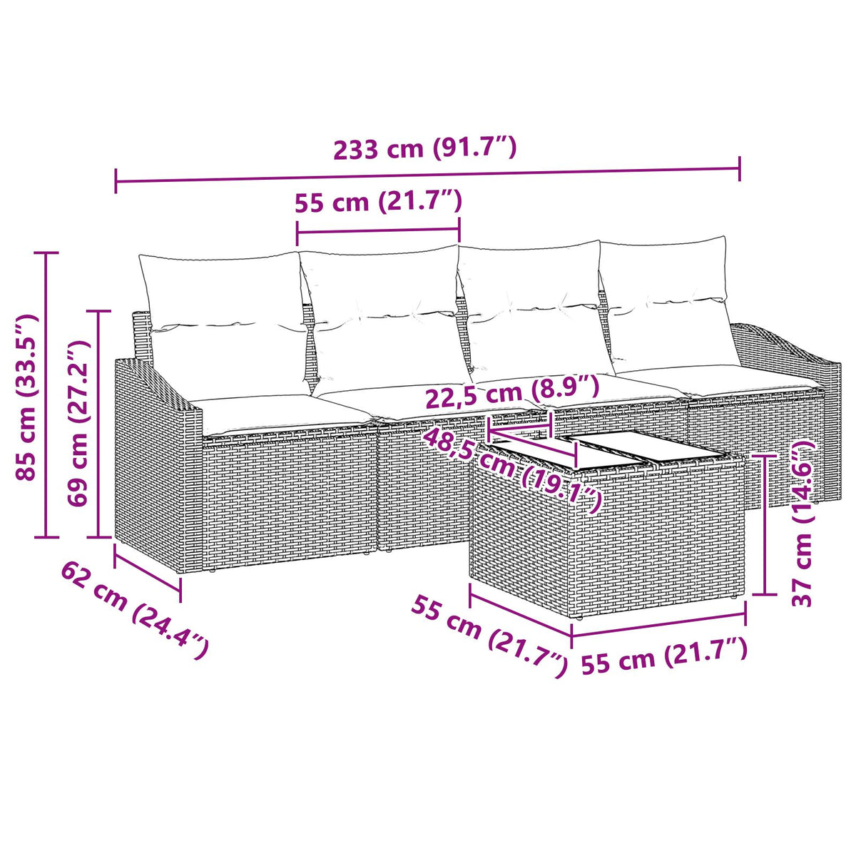 5-teiliges Garten Essgruppen Set mit Kissen Beige Poly Rattan