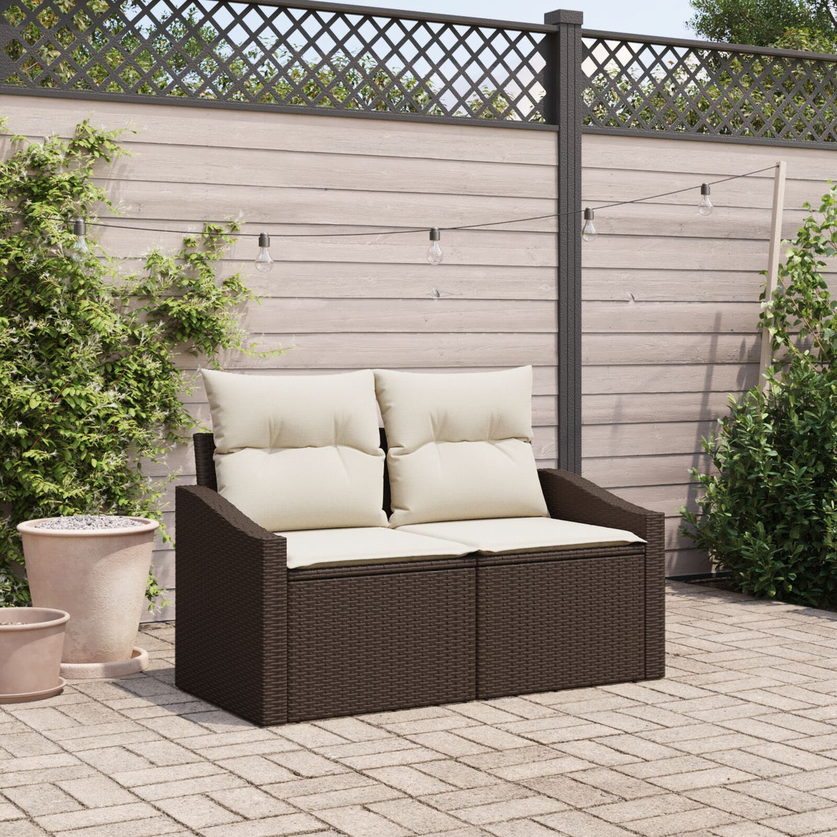 2-Sitzer Gartenbank mit Stauraum & Kissen Braun Poly Rattan