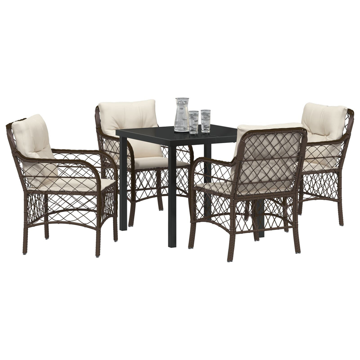 5-teiliges Garten-Essgruppen-Set mit Kissen, braunes Poly-Rattan