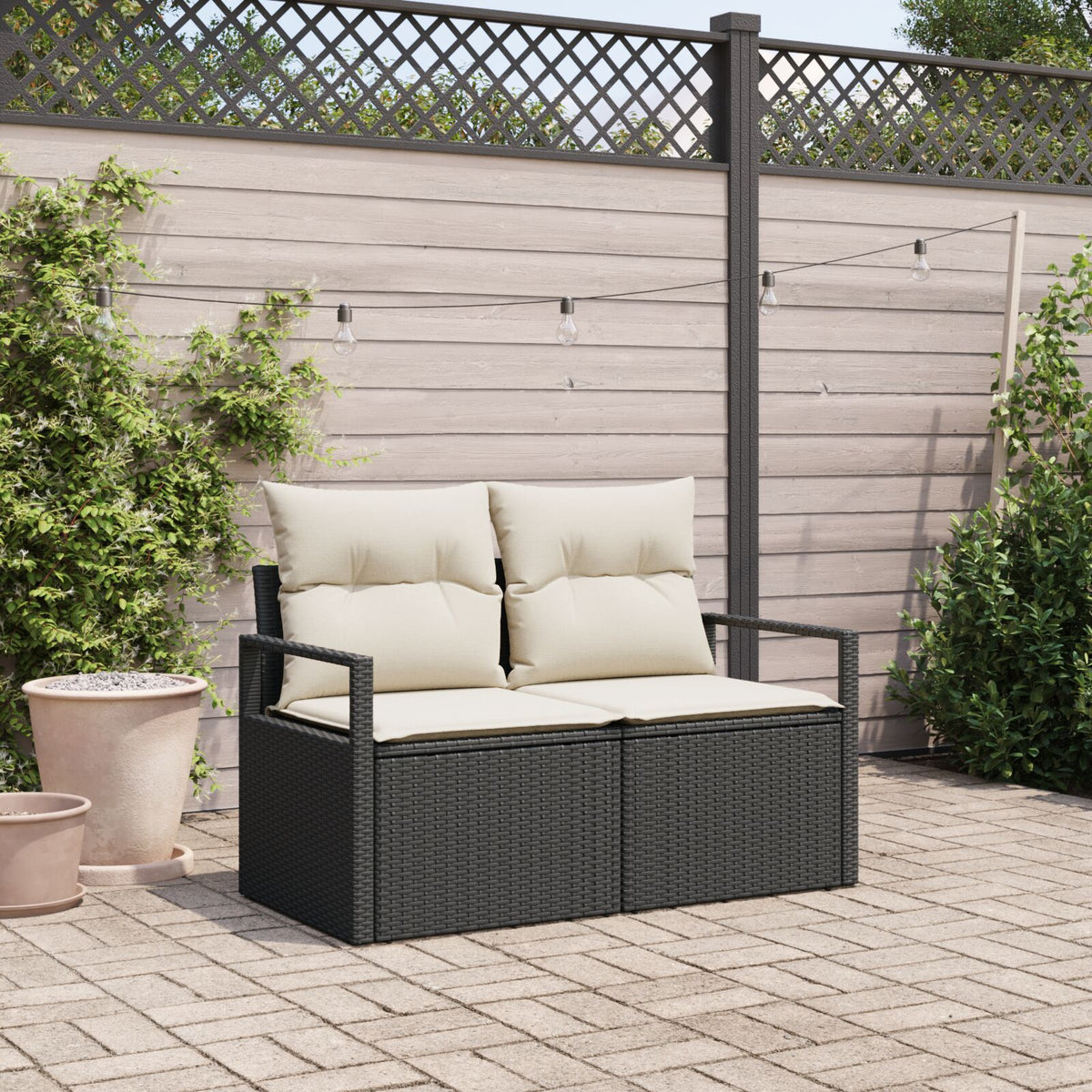 2-Sitzer Gartensofa mit Stauraum und Kissen Schwarz Poly Rattan