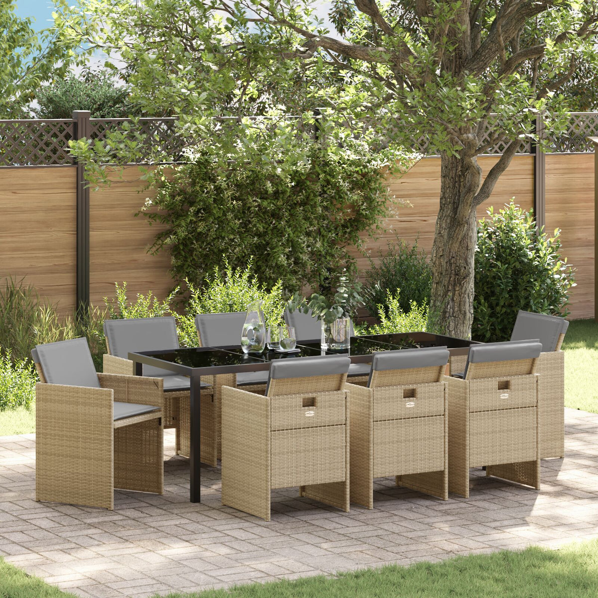 9-teilige Garten Essgruppe mit Kissen Beiges Poly-Rattan
